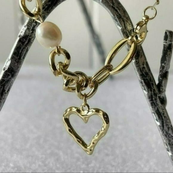 Gold Plated Cultured Freshwater Pearl Beaded Heart Pendant Necklace 17in‎ - Picture 2 of 9